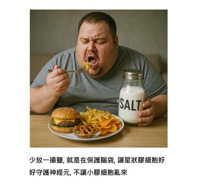 鹽吃太多, 腦細胞開始互打 - 小膠細胞吃掉星狀膠細胞, 血壓整個衝上去