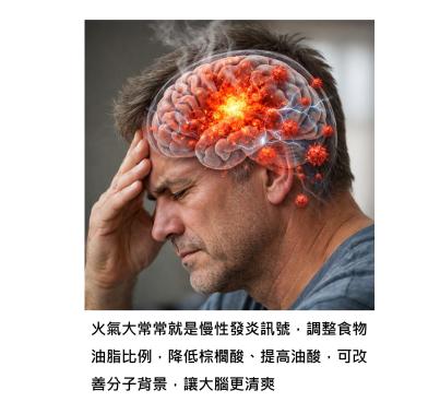 火氣大焦躁，可能就是慢性發炎，調整食物油脂比例，幾週內就可以開始變清爽